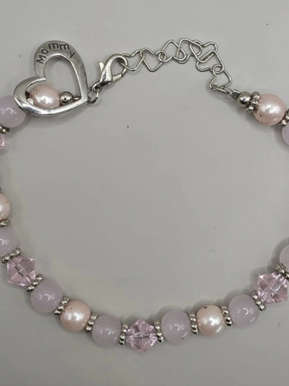 Mommy Heart Charm Bracelet Pink Beads Faux Pearl Silver Tone Adjustable